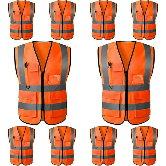 HAHDAXIA Reflective Safety Vests High Visibility Work Vest, 10 Pack Security vest with Pockets for Construction Workers