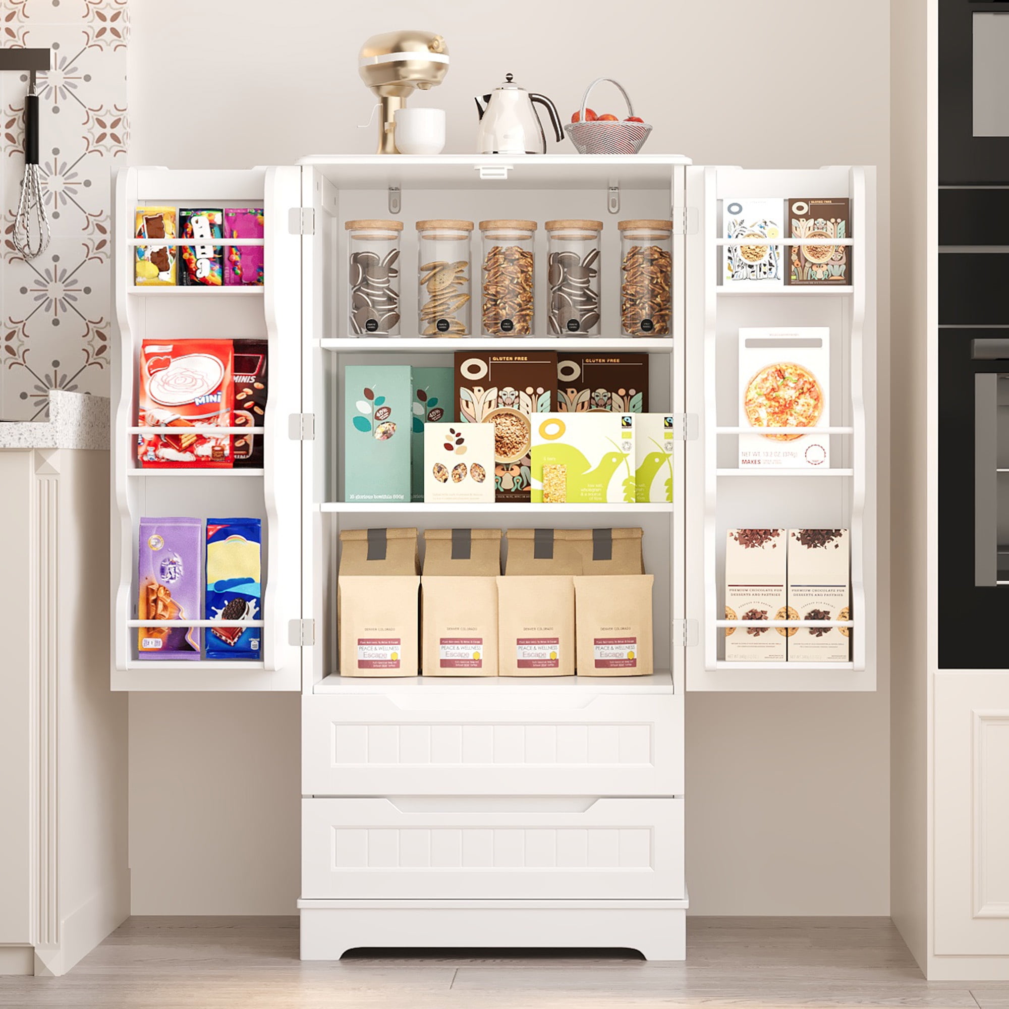 47" Kitchen Pantry Storage Cabinet with 2 Drawers, 8 Shelves and 2 Doors, White