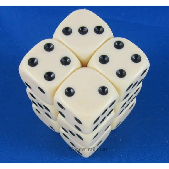 Ivory Opaque Dice with Black Pips D6 16mm (5/8in) Pack of 12 Koplow Games