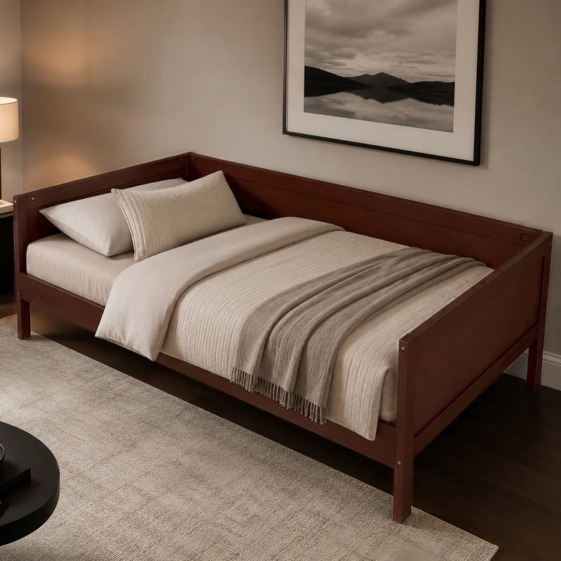 Euroco Wood Twin Size Daybed, Sofa Bed with Slats, No Box Spring Needed, Dark Walnut