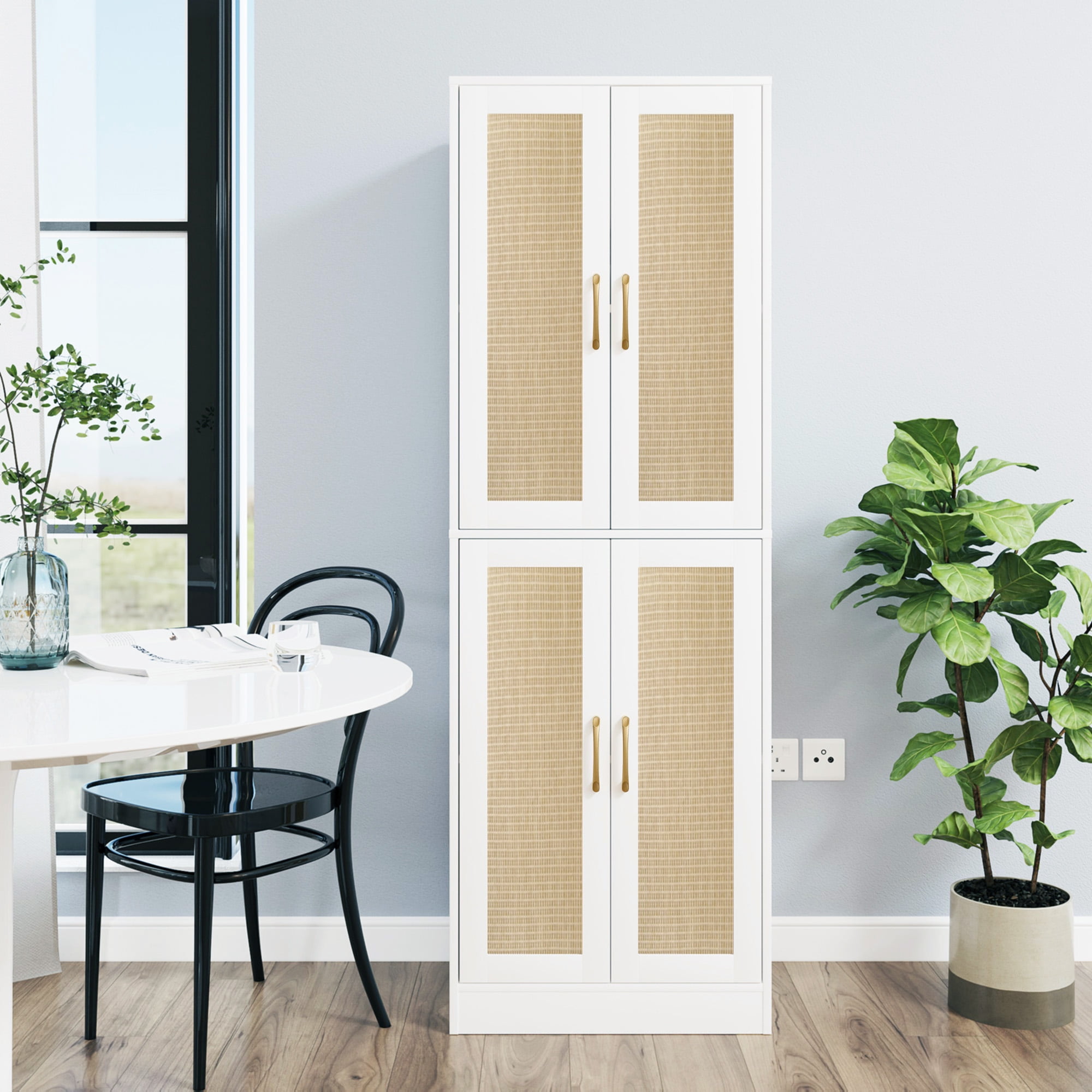 BOCVKENN Storage Cabinet - Kitchen Pantry Cabinet, Tall Pantry Storage Cabinet Freestanding with 4 Rattan Doors and Adjustable Shelves, Cupboard Cabinet for Dining Living Room, Laundry, Bathroom