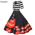 thumbnail image 2 of Elegante vestido de Halloween a rayas para mujer, estilo rockabilly, estilo vintage de los años 50 y 60, con encaje y manga corta para fiesta de oficina, 2 of 5