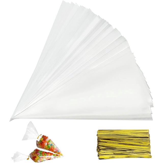 150 bolsas transparentes para caramelos, bolsas transparentes en forma de cono, bolsas de plástico para caramelos, galletas, regalos de boda, para envasar galletas, chocolate, pasteles y dulces