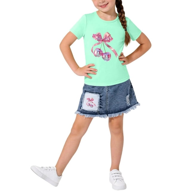 hengsof Ensemble Deux Pièces Jupe à Manches Courtes Imprimé Ours avec Nœud Doux pour Filles, Jupe à Manches Courtes Col Rond Taille Élastique Ensemble Décontracté Confortable