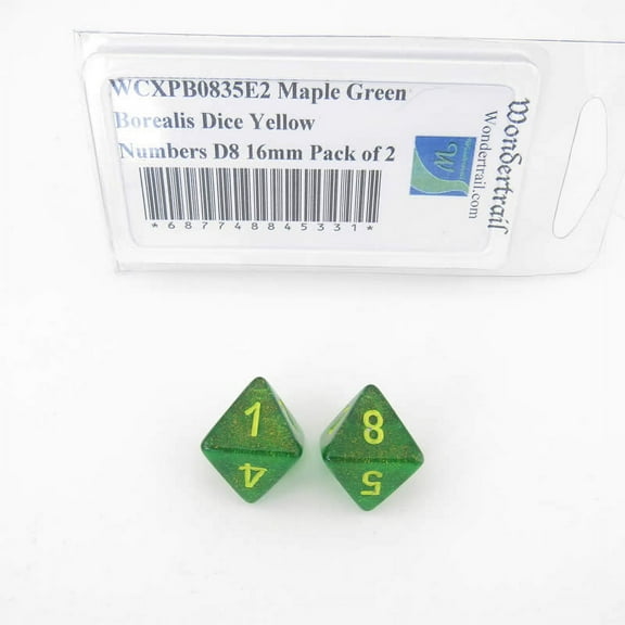 Maple Green Borealis Dice with Yellow Numbers D8 Aprox 16mm (5/8in) Pack of 2 Wondertrail