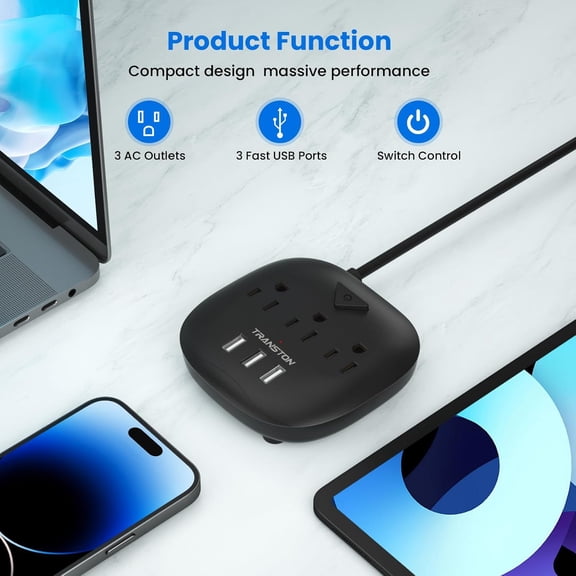 PYYAN-Power Strip 3 Outlets and 3 USB Ports with Switch Control, Desktop Charging Station with 5 ft Extension Cord, Compact for Nightstand, Office and Travel - Black