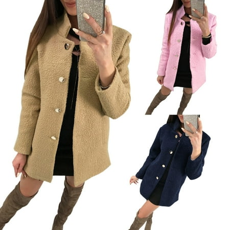- Casual Long Sleeve 2018 Women overcoat Stand Collar Button Down Fleece Jacket Cardigan Coat Office Blazer