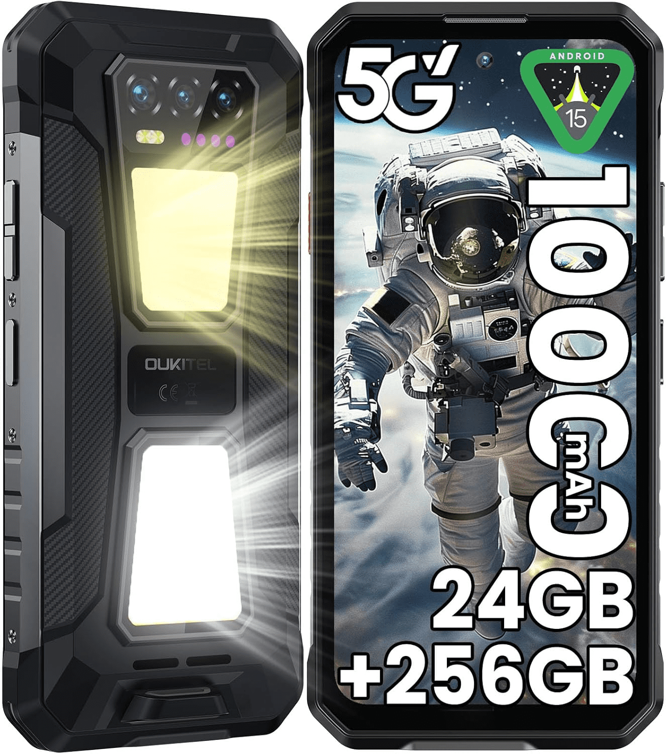 OUKITEL WP58 PRO Rugged Smartphone Unlocked 5G, 24GB+256GB/1TB, 10000mAh Battery , Android 15 Dual Camping Lights, 6.7"120Hz Display ,64MP+8MP Camera, IP68 Waterproof, 5G Dual SIM/NFC/GPS/OTG Black