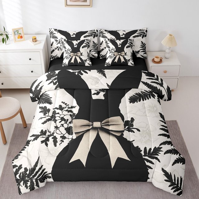 Erosebridal Easter Bowknot Rabbit Bedding Sets Twin Size,Groovy Floral Comforter Sets with Sheets,Animal Bedroom Decor,Reversible,7pcs
