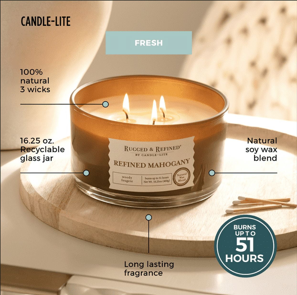 Candle-Lite Scented Candles for Men, Refined Mahogany Fragrance, 16.25 oz Jar, 3-Wick, 51 Hour Burn Time, Masculine Aromatherapy  - Long Lasting Scent