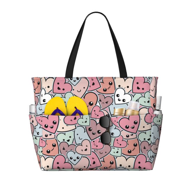 Disketp Cartoon Hearts Bolsa de Playa de Gran Capacidad, Bolso Impermeable y a Prueba de Arena para Mujer, Ideal para Playa, Piscina y Natación
