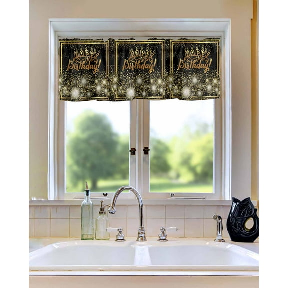Curtain Valance for Windows Happy Birthday Black Gold Style Kitchen Valances Rod Pocket Short Curtains,Cake Shining Fireworks Window Treatment Panel for Living Room Bathroom Bedroom 54x18in