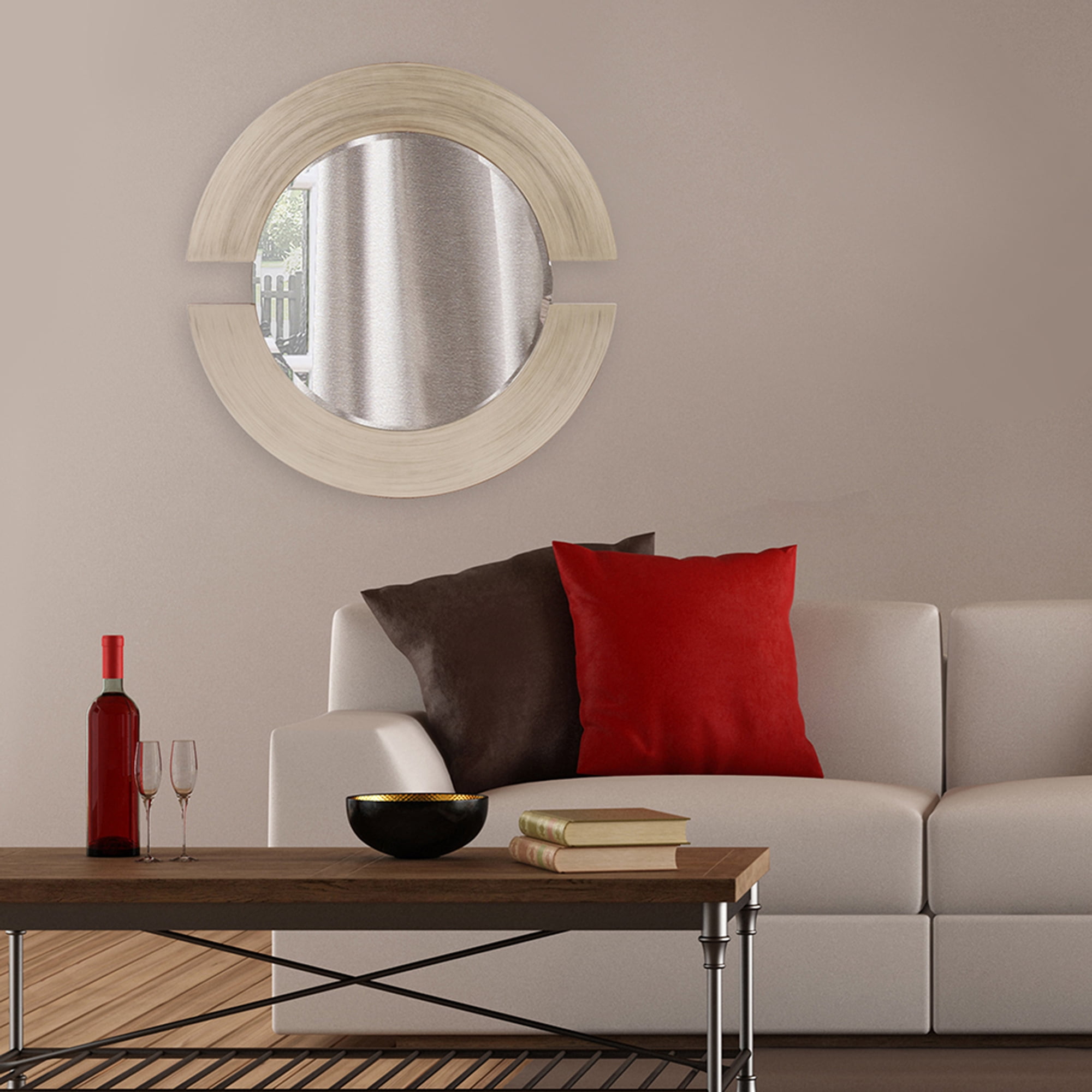 Tyler Dillon Round Warm Silver Wall Mirror with Partial Brown Wood Frame - 38"