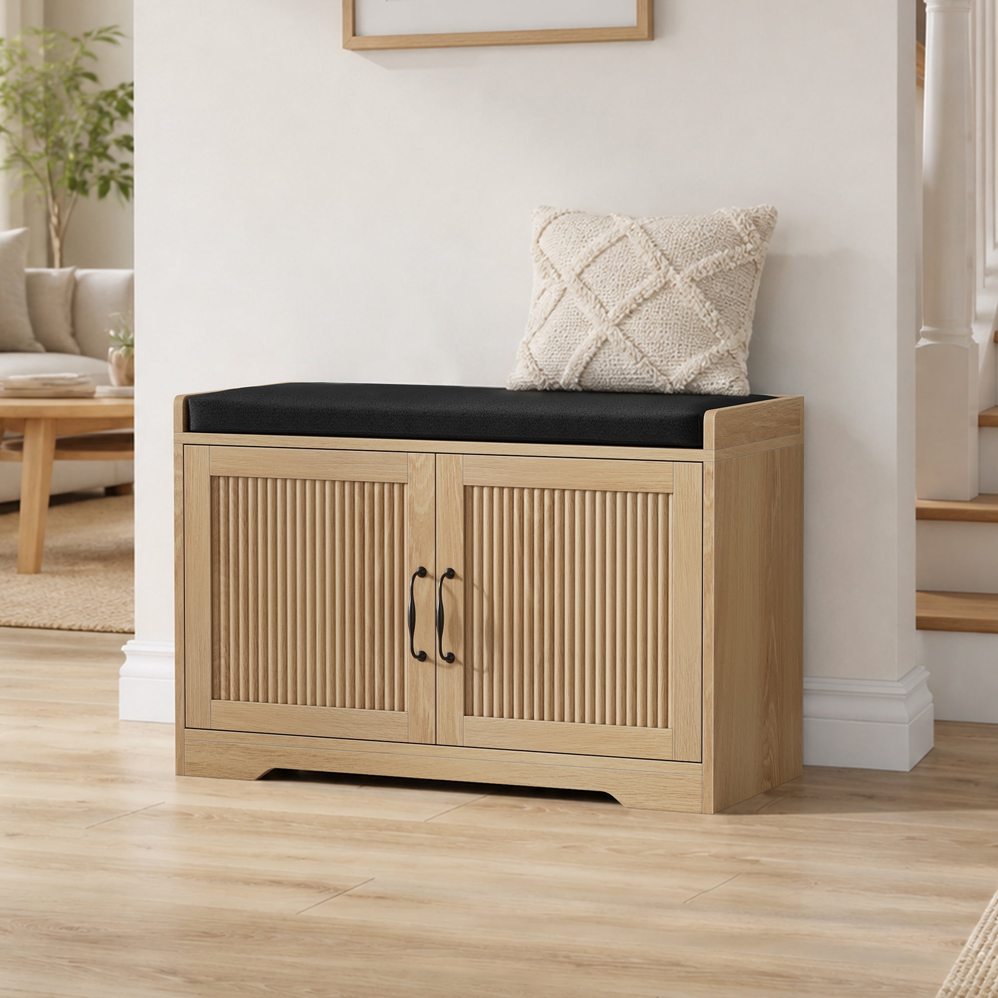 31.5 Inch Oak Finish Entryway Shoe Storage Bench with Double Slatted Doors & Upholstered Cushioned Seat, MDF Hallway Shoe Organizer Bench for Foyer Walk-In Closet