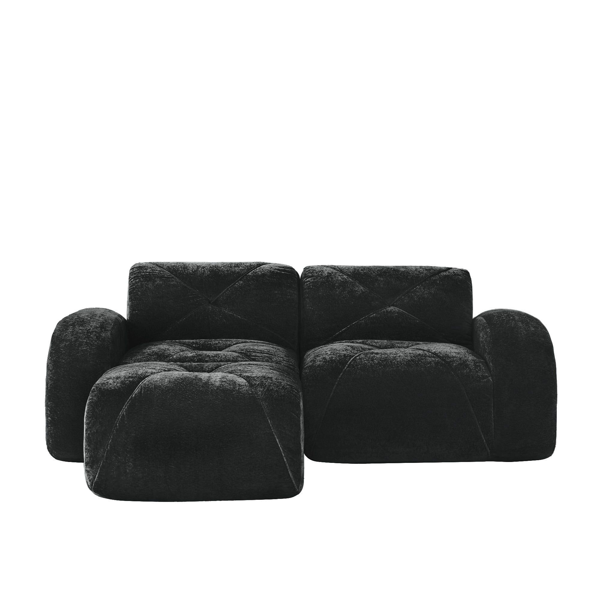 L-Shaped Boneless Sofa, Soft Velvet Fabric, Tufted Design, 32D High Density Sponge, No Assembly Required, Ergonomic Design Bottom, Anti-Slip Design, Movable Ottoman for Bedrooms (Black)