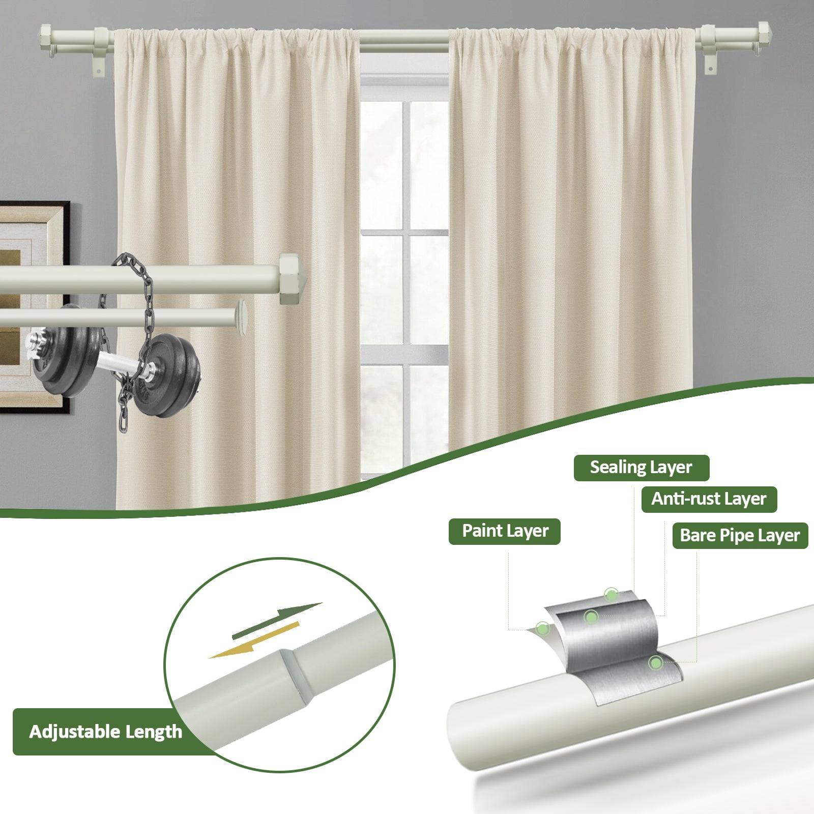 Ridicili 5/8" Telescoping Double Curtain Rods with Octagonal Finials, Weathered White,,48"-84", 5/8 Inches Front and 1/2 Inches Back Double Window Drapery Rod
