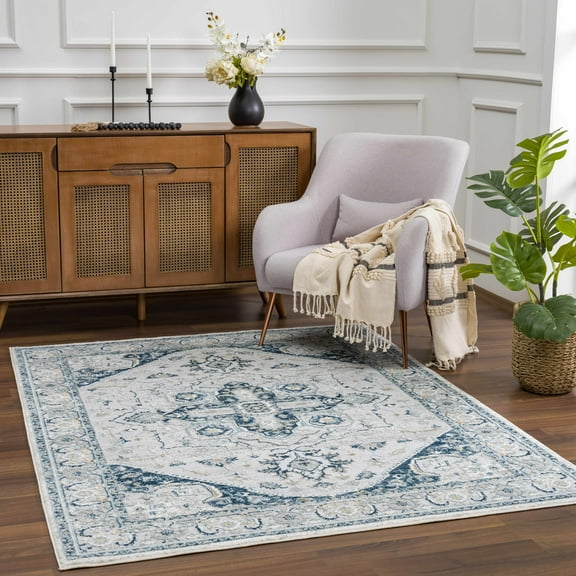 Hauteloom Liverpool Living Room, Bedroom Area Rug - Traditional - Medium Gray, Light Gray, Navy - 5'3" x 7'