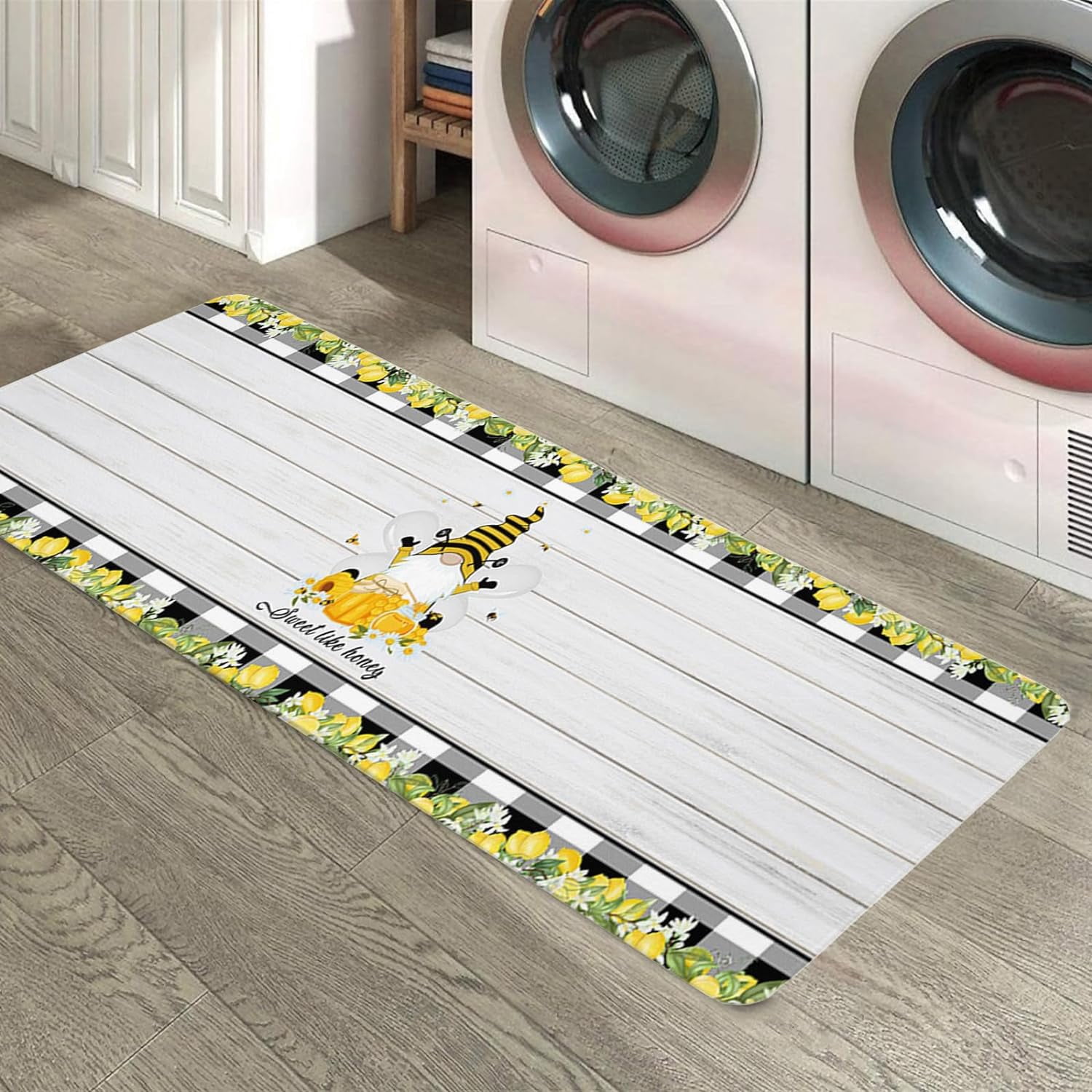 Farm Gnome and Lemons Kitchen Floor Mats, Retro Wood Plank 2 PCS Anti Fatigue Area Runner Rugs Set Yellow Fruits Non-Slip Bathroom Comfort Standing Mat Home Decor
