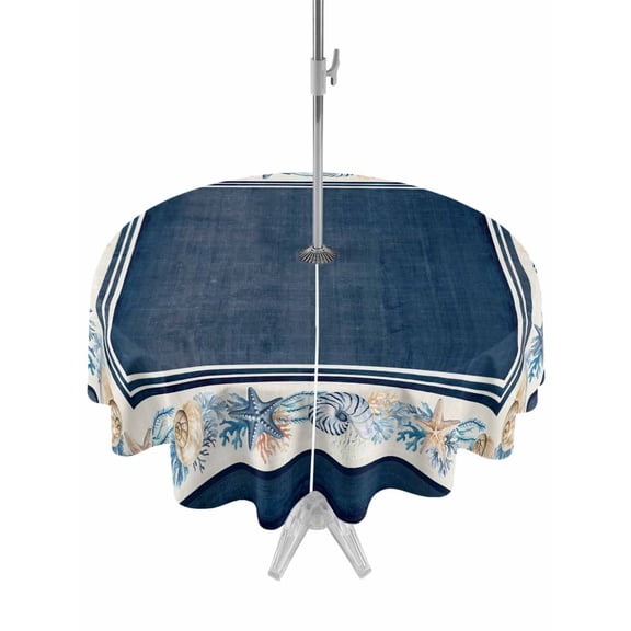 Outdoor Tablecloth with Umbrella Hole Zipper Navy Blue Coastal Round Tablecloth 60" Waterproof Outside Table Cloth Vintage Summer Beach Coral Shell Starfish Patio Table Cover Tablecloths for Picnic