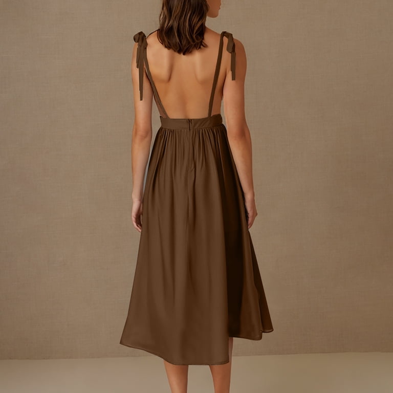 BiZtdJrK Wedding Guest Dresses for Women Tie Strap Backless Sleeveless  Summer Midi Dress Boho Beach Vacation Sundresses Flowy Cotton Linen Dress  Birthday Gift Coffee L - Walmart.com
