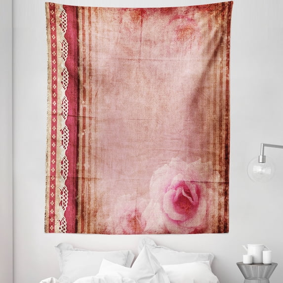 Shabby Flora Tapestry, Vintage Style Frame Lace Inspired Borders Old Fashioned Pastel Roses Print, Fabric Wall Hanging Decor for Bedroom Living Room Dorm, 5 Sizes, Multicolor, by Ambesonne