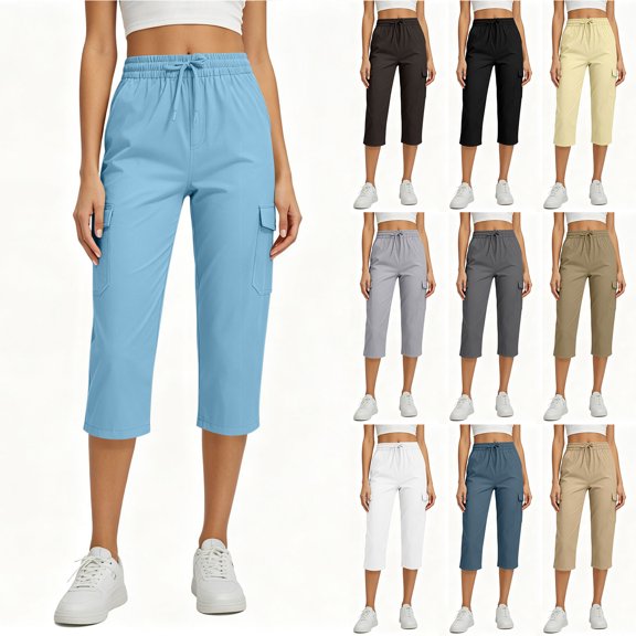 Bloomae Women's Cargo Capris Lightweight Quick Dry Hiking Travel Capris Summer Casual Drawstring Elastic High Waist Cropped Pants with Multi-Pockets
