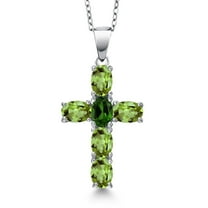 Gem Stone King 925 Sterling Silver Green Peridot and Green Chrome Diopside Cross Pendant Necklace for Women | 3.05 Cttw | Gemstone August Birthstone | Oval 6X4MM | With 18 inch Chain