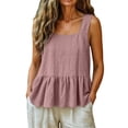 thumbnail image 4 of Helii Women's Square Neck Ruffle Hem Linen Tank Top – 20% Linen 80% Cotton Babydoll Crop Top, Loose Fit Breathable Summer Vest, Casual Sleeveless Top for Women Pink,M, 4 of 7