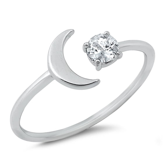 Clear Cubic Zirconia Open Moon Star Ring .925 Sterling Silver Band White Jewelry Female Male Size 9