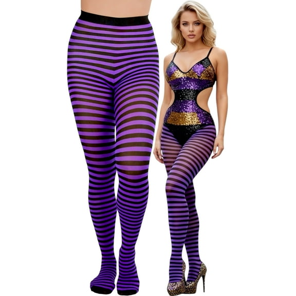 ToBeInStyle Womens Colorful Opaque Striped Tights Pantyhose Stocking Hosiery - Black/Purple - One Size