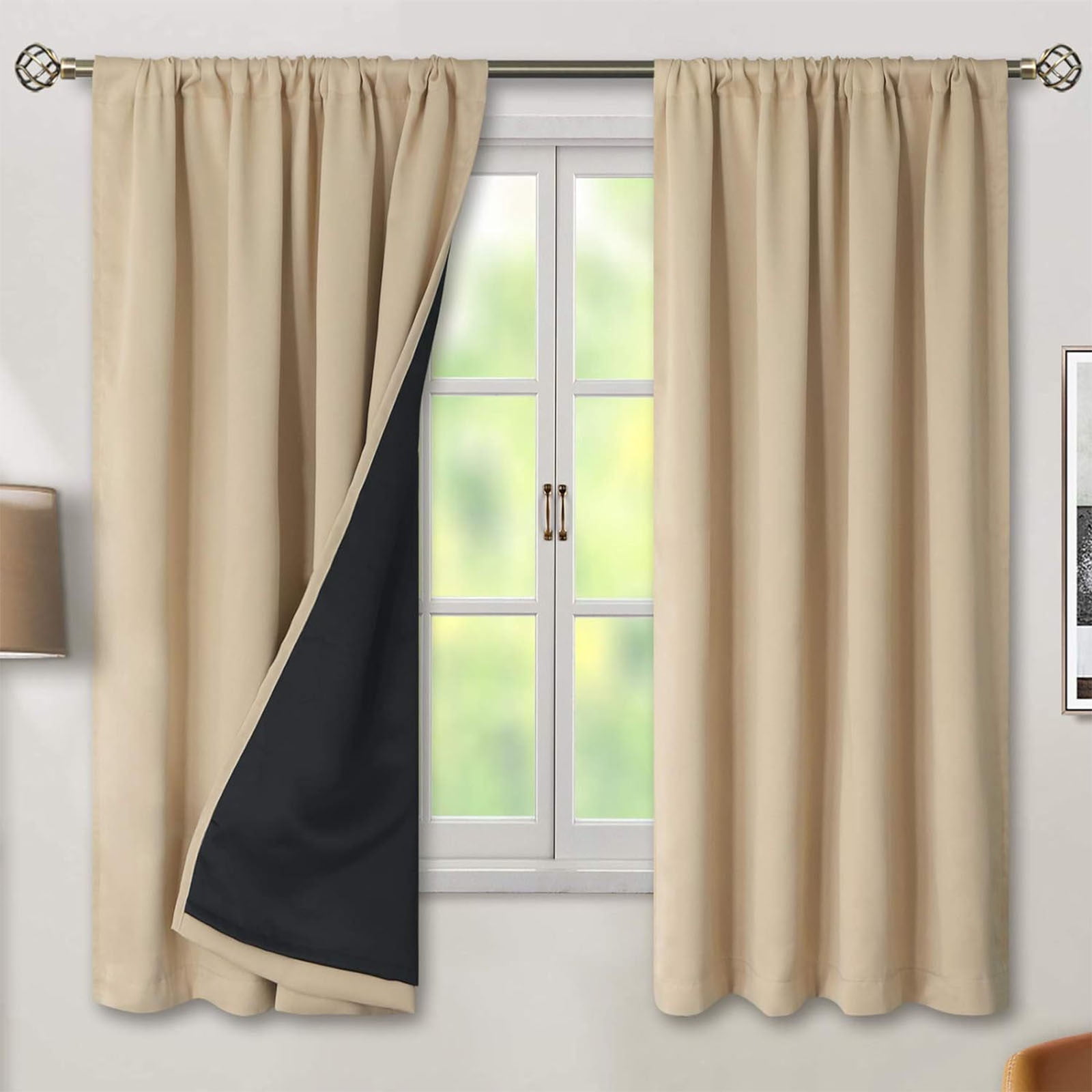 100% Blackout Curtains for Bedroom 84 Inches Long, Back Tab/Rod Pocket Living Room Drapes, Thermal Insulated Blackout Curtains 2 Panels Set, 38" W x 84" L, Beige