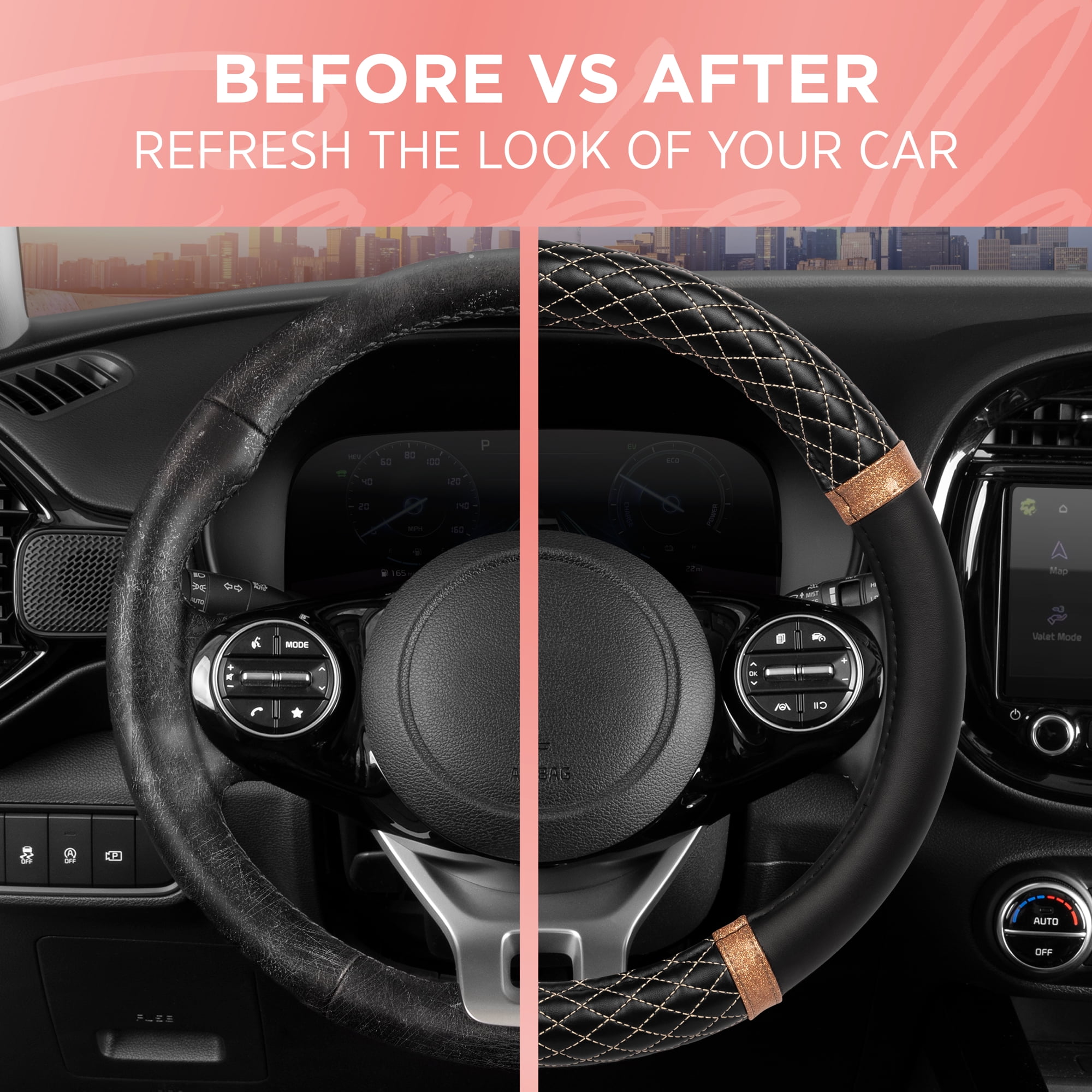Rose Gold Quilted Steering Wheel Cover - Elegant Craft 15" Steering Cover for Cars, Trucks, SUV Accessories Accent