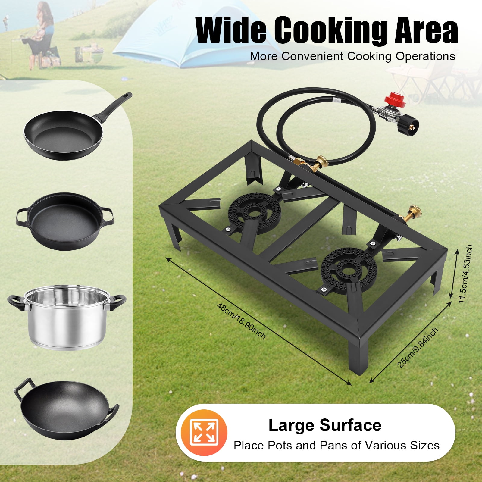 Portable Gas Camping Stove – Dual Burner, 8000W Power, Sturdy Cast Iron, Easy To Use & Clean, Ideal for Outdoor Cooking, Picnics, BBQs, and Camping Adventures