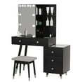 thumbnail image 5 of Vanity Set with Stool, Black Vanity Desk with Mirror, 5 Drawers and 2-Layer Shelves, LED Three-Tone Lighting, Particle Board With Triamine Coating, Solid Wood Legs With Copper Sheath Decoration, 5 of 6