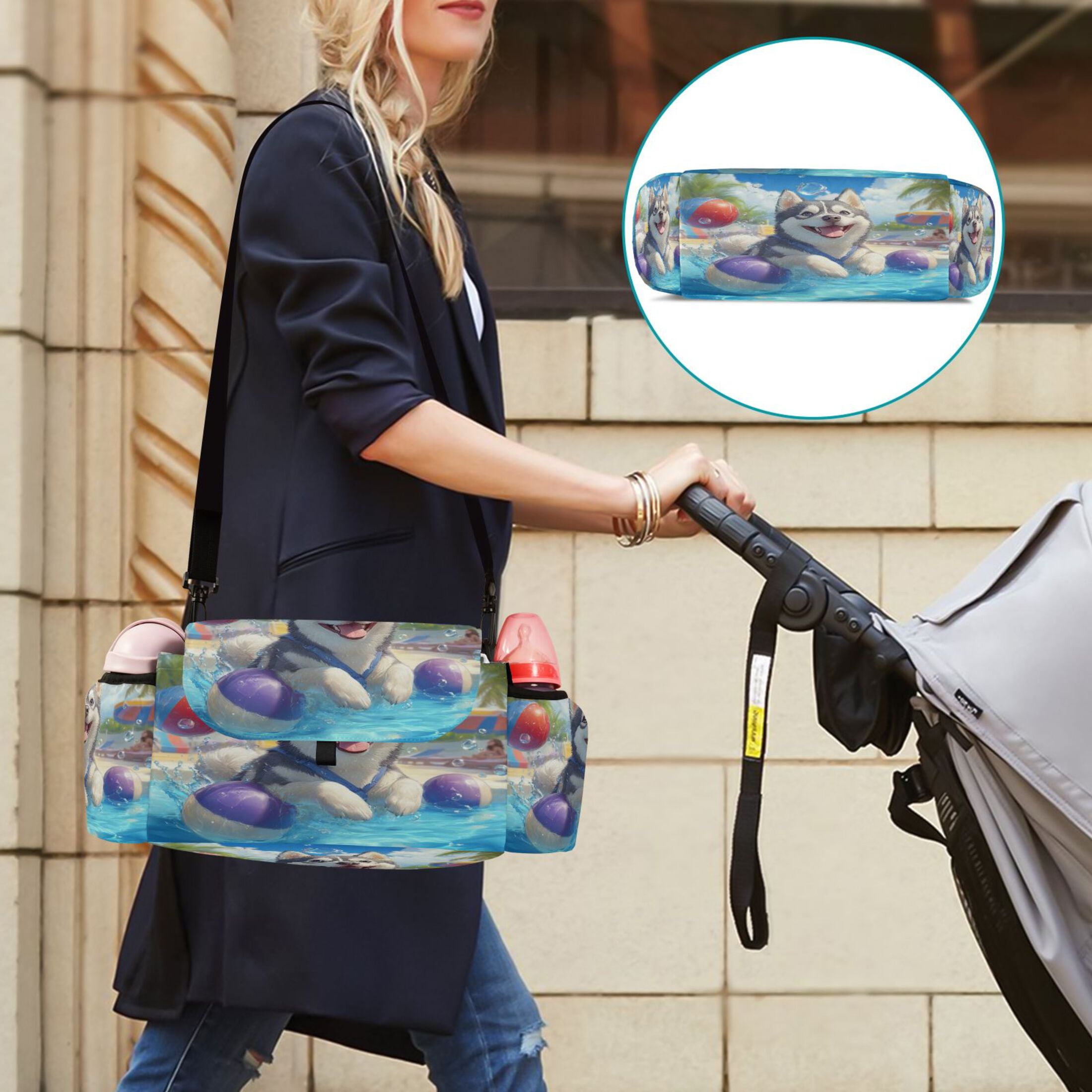 DIXRUYEE Stroller Organizer Husky's Splashing Good Time Printed