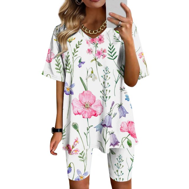 Ensembles d'Entraînement pour Femmes 2 Pcs Mode Féminine Blouse Col en V Manches Courtes Hauts Shorts Ensemble Décontracté Ensembles de Détente d'Été pour Femmes en Liquidation