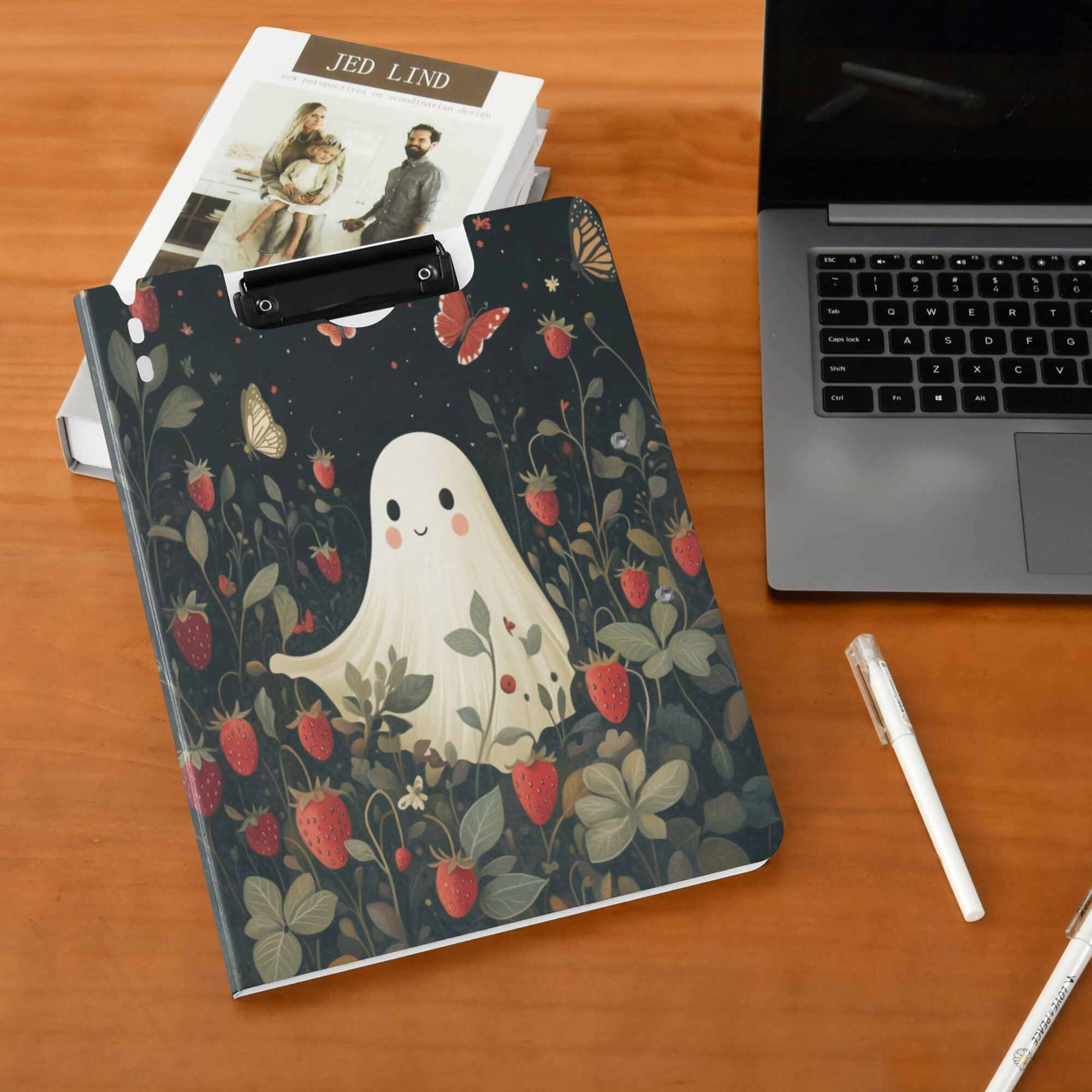 FORMRS A4 Clipboard Folder with Pen Holder Horizontal Foldable School Office Binder, Happy Ghost