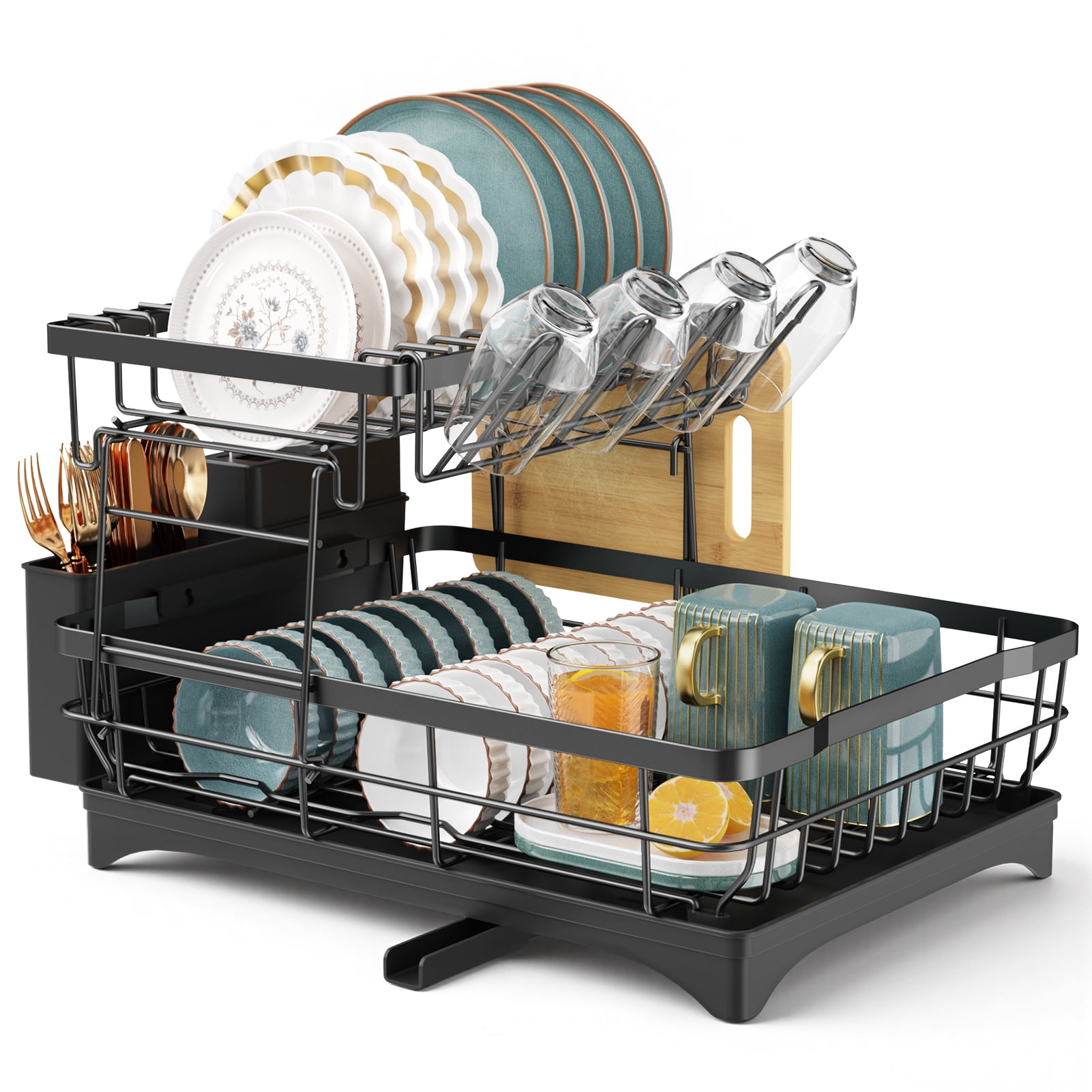 Yeabett 2 Tier Dish Drying Rack Stainless Steel,Dish Racks with Water Tray Dish Drainer for Kitchen Counter with Utensil & Cup Holder