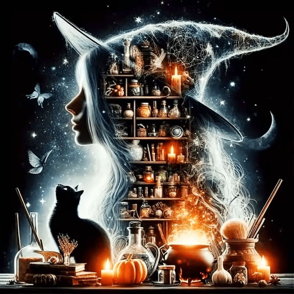 BYGFHLYW Diamond Art Painting Kits for Adults, Witch 5D Diamond Painting Dots Art Kits for Adults Beginner, DIY Full Round Gem Crystal Art Paint by Diamond, Home Wall Decor 14x 14 in