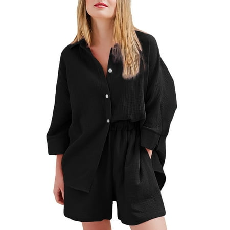 

MINZON Women Shorts Set Thin Long Sleeved Lapels Casual Border Crepe Homewear Pajamas Cotton Outerwear