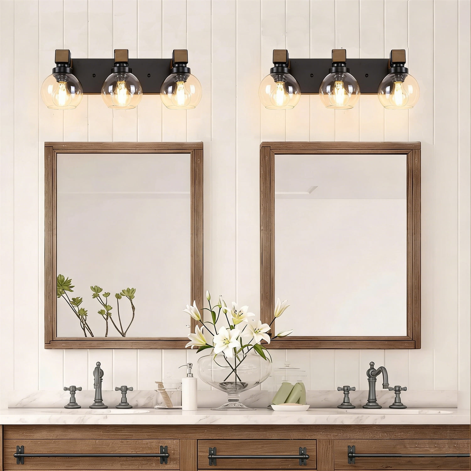3-Light Wooden Bathroom Vanity Light with Clear Globe Glass Shade over Mirror for Bathroom Bedroom Living Room Cabinet