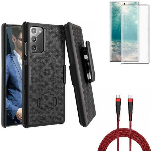 Case Belt Clip & 10ft PD Cable & Screen Protector for Samsung Galaxy Note 20 (6.7") - Combo with Holster Swivel & Type-C to USB-C Charger Cord & Tempered Glass (Fingerprint Unlock)