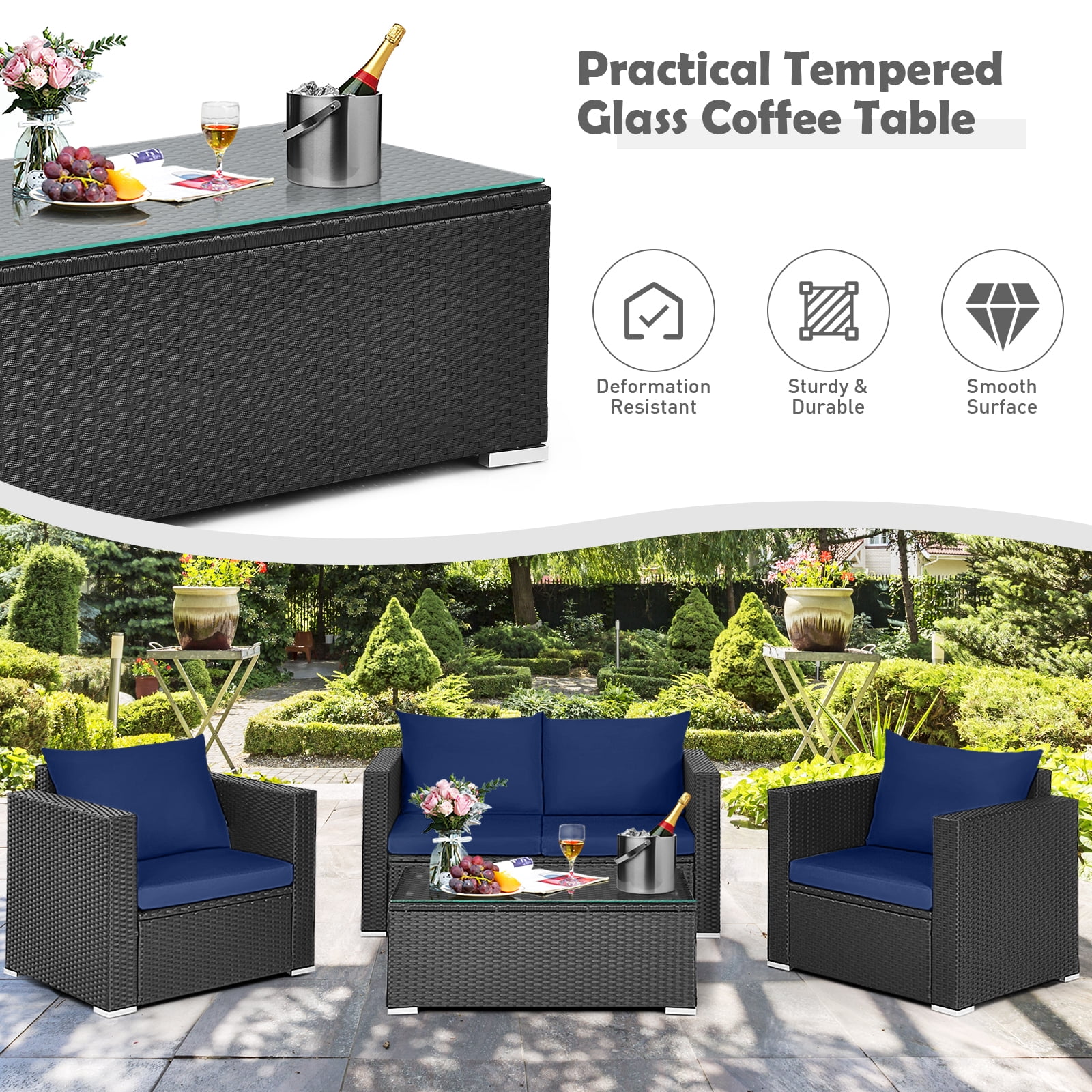 Gymax Set of 8 Rattan Furniture Set Cushioned Sofa Chair Coffee Table Patio Navy