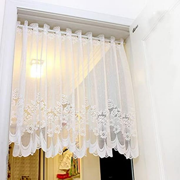 Devola - Visillo Estilo Americano Rústico Transparente, Diseño De Flores, Cortina De Bistro Con Encaje, Hilo De Lino, Corto, Para Cocina, 140 X 50 Cm, Color Blanco