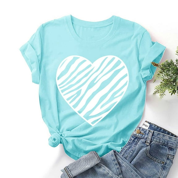 LEBONYARD Blouses for Women Clearance $5,Fashion Women Valentine's Day Print Short Sleeve T-shirt Novelty Graphic Tops Light Blue S
