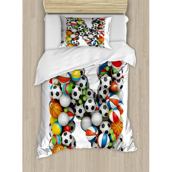 Letter N Twin Size Duvet Cover Set, Sports Equipment Football Volleyball Tennis Ball Capital N Symbol Alphabet Design, Decorative 2 Piece Bedding Set with 1 Pillow Sham, Multicolor, by Ambesonne