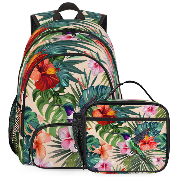 Herdesigns Hummingbird Palm Leaf Flower Large Backpack Set with Lunch Box Lightweight Water Resistant Travel Laptop Backpacks Casual Daypacks for Women Men