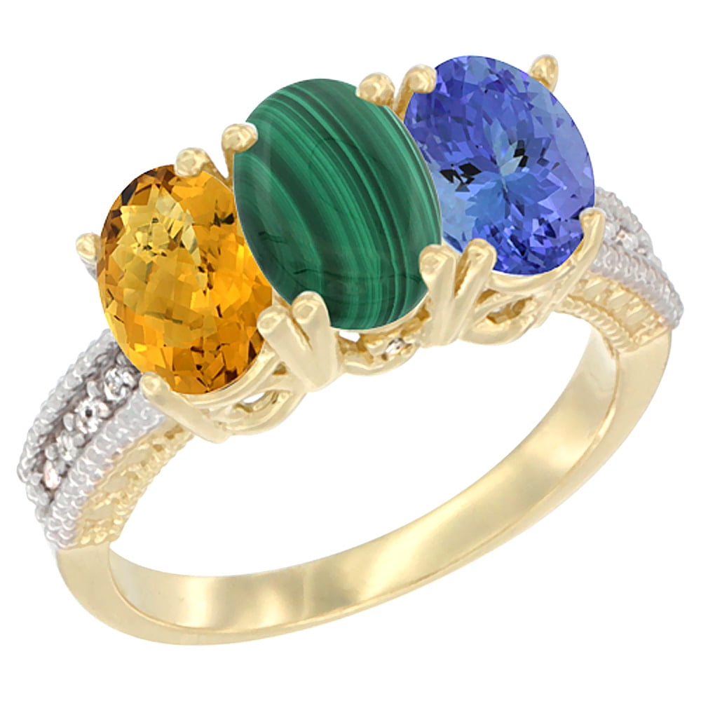 10K Yellow Gold Diamond Natural Whisky Quartz, Malachite & Tanzanite Ring 3-Stone 7x5 mm Oval, sizes 5 10 by WorldJewels