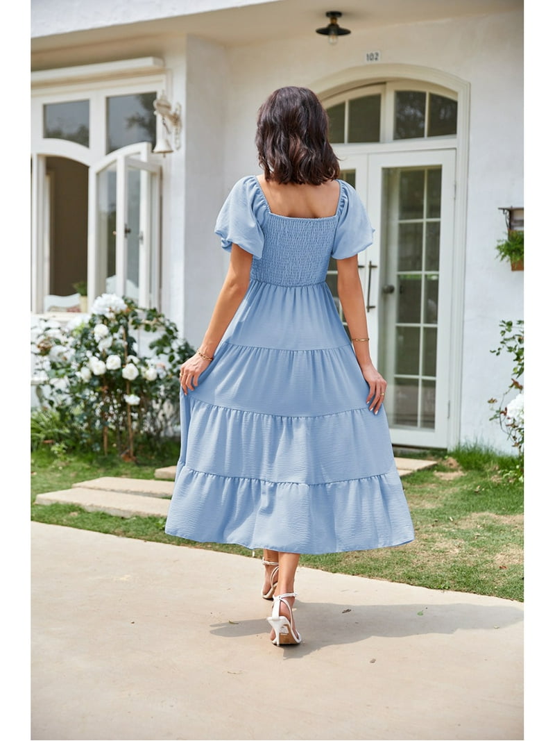 【ほつれあり】Ameri PUFF SLEEVE FLARED DRESS Anbech Casual Women's Puff Short Sleeve Midi Dress, Summer