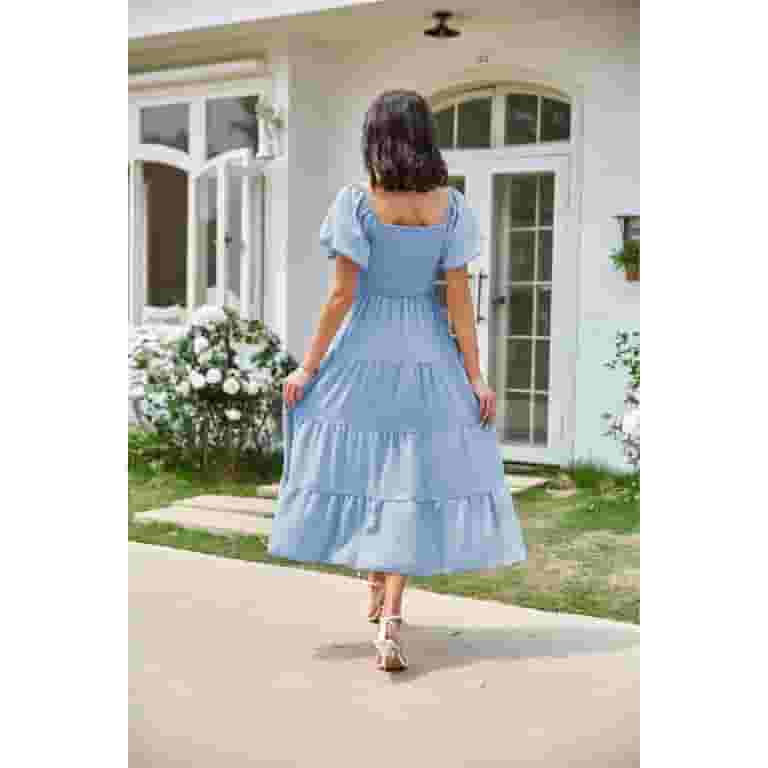【I AM MARI】24SS★ Resedi Square Puff Long One Pice Anbech Casual Women's Puff Short Sleeve Midi Dress, Summer